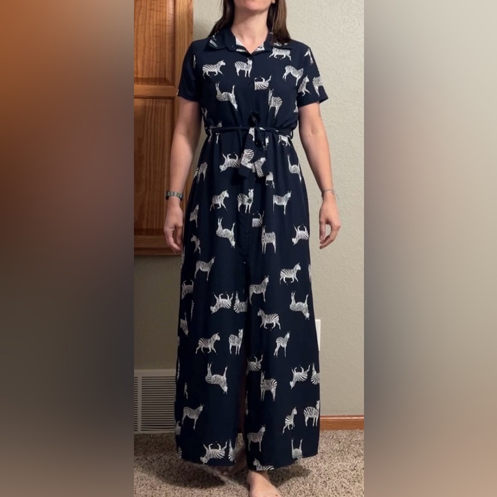 Navy Button-Front Maxi Dress with White Zebra Print